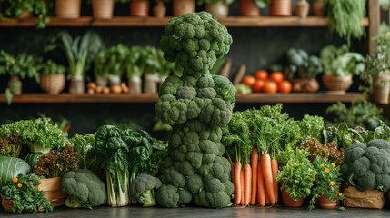 little broccoli man surrounded by many diverse vegetables - 761625962