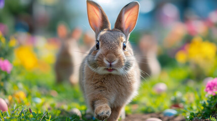 adorable easter rabbit walking forward in grass field - 761625994