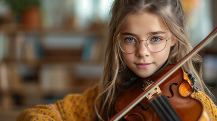 closeup of nerdy girl wearing glasses playing the violin - 761626106