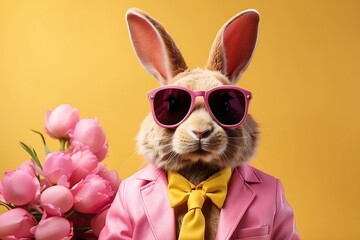 Funny bunny wearing pink sunglasses and pink shirt on yellow background.