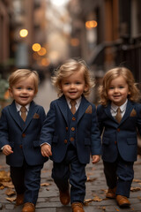 three cute toddlers in navy suits walking - 761626139