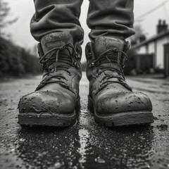 black and white image of dirty used boots - 761626152