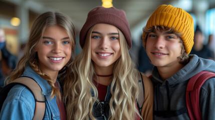 selfie of three teenagers with backpacks smiling - 761626347