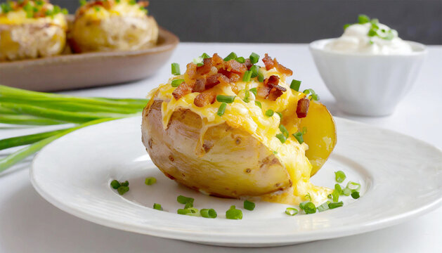 Twice-baked potato topped with cheddar cheese, bacon bits and scallion, sour cream and chopped chives on the side.