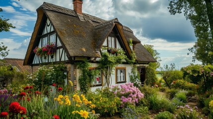 Fototapeta na wymiar A picturesque cottage with a thatched roof and a colorful flower garden AI generated illustration