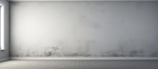 The empty room with a concrete wall and a window offers a glimpse of the tranquil landscape outside, with tints and shades in the sky, blending into the horizon with a touch of haze and mist - obrazy, fototapety, plakaty