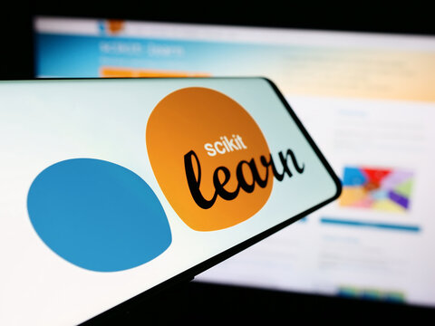 Stuttgart, Germany - 03-08-2024: Mobile phone with logo of software machine learning library scikit-learn in front of website. Focus on center-left of phone display.