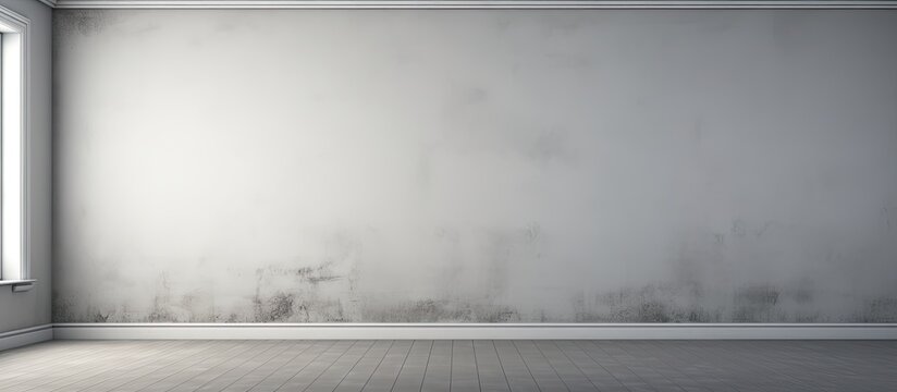 The empty room with a concrete wall and a window offers a glimpse of the tranquil landscape outside, with tints and shades in the sky, blending into the horizon with a touch of haze and mist