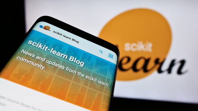 Stuttgart, Germany - 03-08-2024: Smartphone with website of software machine learning library scikit-learn in front of logo. Focus on top-left of phone display.