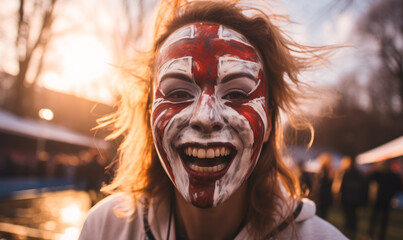 Portrait of a passionate female English fan celebrating at a UEFA EURO 2024 football match, her face painted with the colors and patterns of the English flag, radiating enthusiasm and national pride - obrazy, fototapety, plakaty