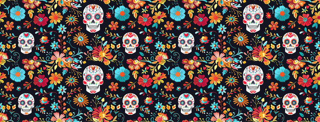 Sugar Skulls and Flowers seamless pattern