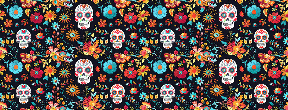 Sugar Skulls and Flowers seamless pattern