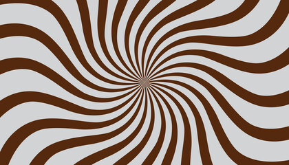 Brown and grey swirled background. Vortex spiral rectangle. Rays of spiral rotation. Converging scalable stripes. Vector illustration.