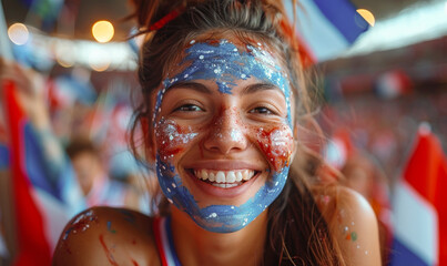 Portrait of a passionate female French fan celebrating at a UEFA EURO 2024 football match, her face painted with the colors and patterns of the French flag, radiating enthusiasm and national pride