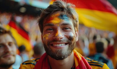 Fototapeta premium Vibrant Portrait of a Joyful male Germany Supporter with a German Flag Painted on His Face, Celebrating at UEFA EURO 2024