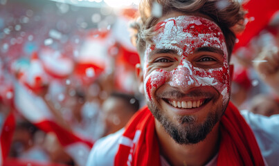 Vibrant Portrait of a Joyful male Poland Supporter with a Polish Flag Painted on His Face,...