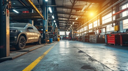 A productive automotive repair shop with car lifts tools and skilled mechanics illustrating expertise in vehicle maintenance     AI generated illustration