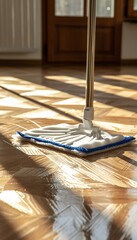 Blue mop and bucket on floor - obrazy, fototapety, plakaty