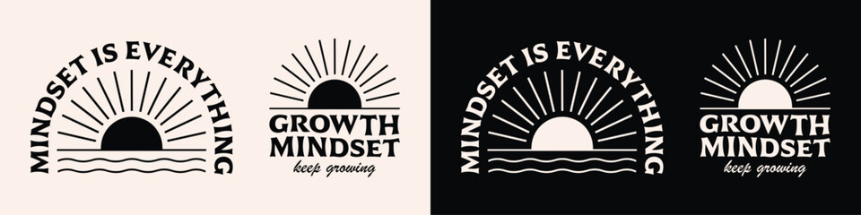 Growth mindset is everything lettering badge logo. Personal development for women minimalist illustration. Growth concept with radiant sun text. Self development quotes shirt design and print vector.