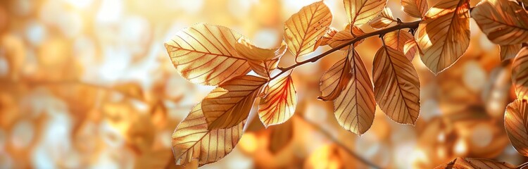 A closeup of golden beech leaves on the branches, bathed in warm sunlight Generative AI - obrazy, fototapety, plakaty