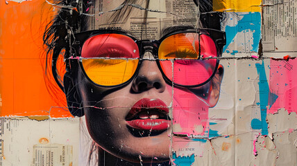 Womans face with colorful glasses. Woman portrait trendy art collage. Contemporary art with vivid neon colors and ripped paper.