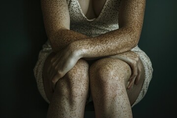 A person holding their knees close to their chest, with their arms wrapped around their legs, displaying skin with a multitude of freckles