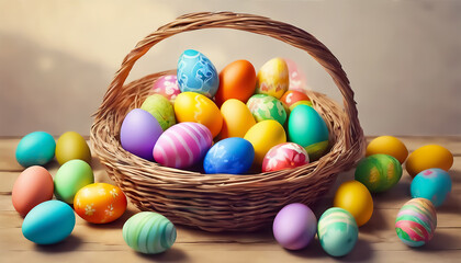 Fototapeta na wymiar Easter eggs in a basket. Colored eggs Festive Easter mystery background. AI generated
