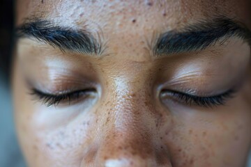A close-up of a person's closed eyes, showing details like eyelashes and skin texture, conveying a sense of calmness or meditation