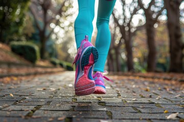 A person running outdoors, captured from a low angle focusing on the colorful running shoes and the motion suggested by the stride
