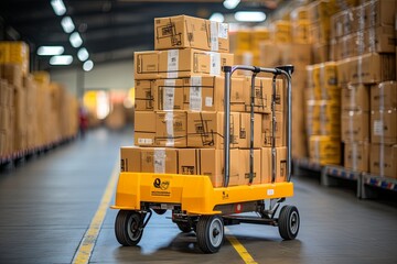 Cardboard boxes on hand pallet truck at storehouse. A pallet truck with a parcel at a logistics company's warehouse. Forklift loader in warehouse. Distribution warehouse. generative AI