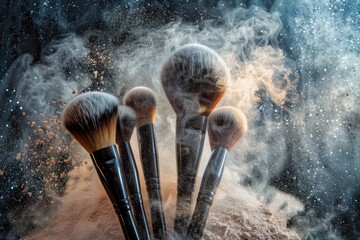 Makeup brushes heavily coated with powder, arrayed against a backdrop of spilled makeup powder, likely illustrating cosmetics and beauty tools - obrazy, fototapety, plakaty