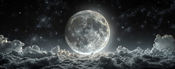Amazing scenery of white glowing moon with craters in black sky with clouds at night