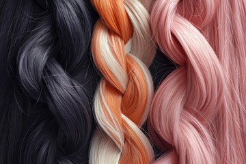 A close-up of a braid made from three different shades of hair, showcasing the intricacy of hair styling - obrazy, fototapety, plakaty
