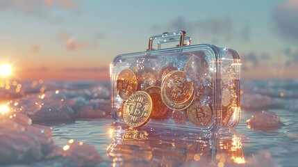 3D concept.Illuminated Bitcoin suitcase partially submerged in tranquil waters, with sunset and clouds reflecting off the surface.