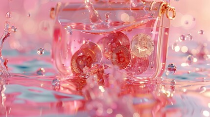 3D concept.Bitcoin coins creating dynamic splashes as they drop into water, with a pink tone and reflective droplets.
