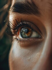 A close-up of a woman's face focusing on her eye, showcasing the details of her eyelashes and the unique patterns in her iris