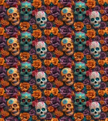 Glasschilderij Schedel Sugar Skulls and Roses seamless pattern