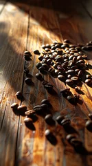 Zelfklevend Fotobehang Scattered Coffee Beans on Wooden Floor © Andre Hirai