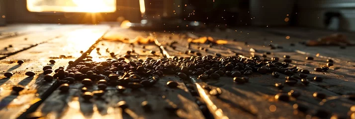 Rolgordijnen Koffiebar Roasted Coffee Beans on Timber Flooring
