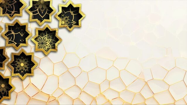 Luxury gold pattern moving arabic pattern with ornamental geometric lantern, arabesque through luxury gold decorative star shape . Texture Ramadan video background