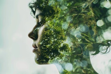 A creative double exposure of a person's face blended with the foliage of trees, merging human with nature in a dreamlike composition