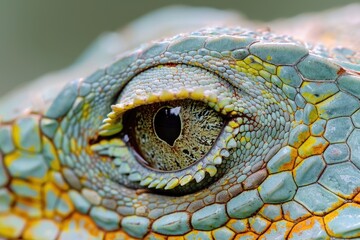Naklejka premium A close-up of a reptile's eye, showcasing the rich texture and color of its scales and the sharp focus on its piercing gaze
