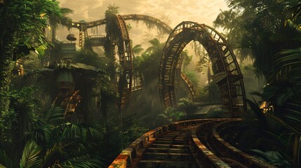 An amusement park where the rides predict the future hidden in an ancient jungle - obrazy, fototapety, plakaty