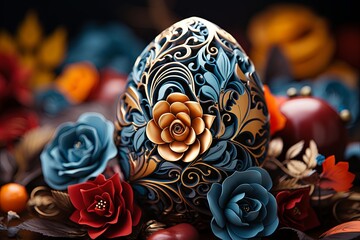 Beautifully decorated Easter egg, showcasing intricate patterns and bright colors created with traditional techniques, generative AI