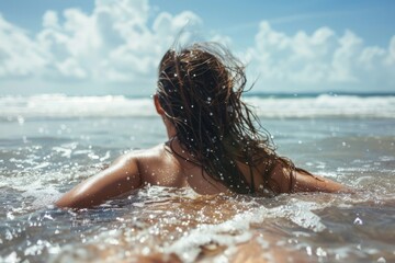Naklejka premium a person lying on the beach from the back, with sandy, wet hair and skin, suggesting relaxation and enjoyment of a sunny beach day