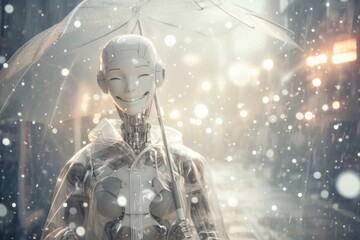 Smiling cyborg man with an umbrella in the rain. Cyberpunk concept.