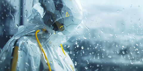 White robot in a transparent raincoat stands in the rain. - obrazy, fototapety, plakaty