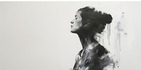 Woman's portrait on white, acrylic paints.