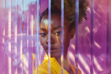 Portrait of a beautiful African American woman in a yellow dress through striped glass.