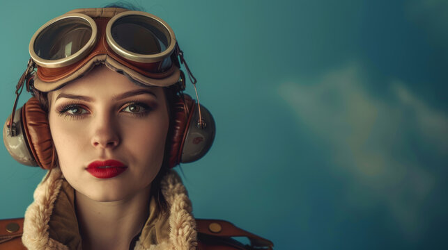 Beautiful woman retro pilot with free space , copy space.